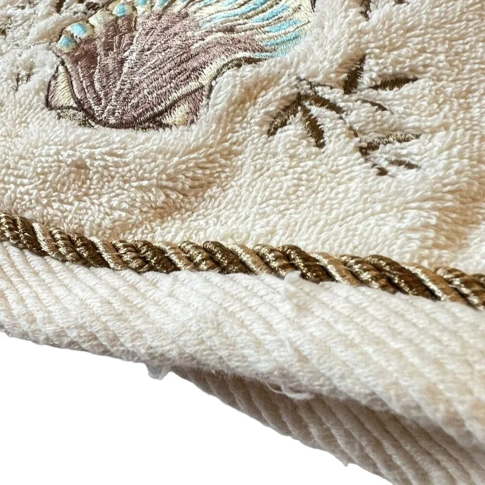 Vtg Butterfly Seashell Embroidered Towel Bath Fingertip Set Rope Trim
